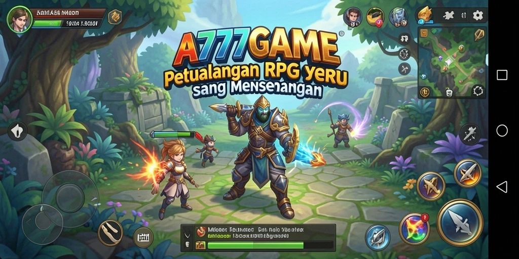 Tampilan gameplay A777GAME dengan pertarungan yang intens dan karakter yang epik.