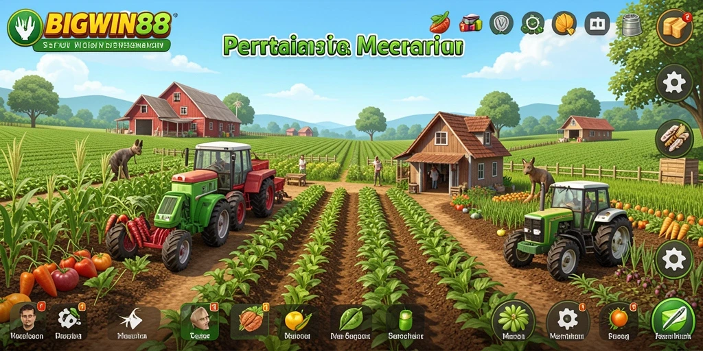 Gameplay seru BIGWIN88 dengan berbagai jenis tanaman dan pemandangan ladang.
