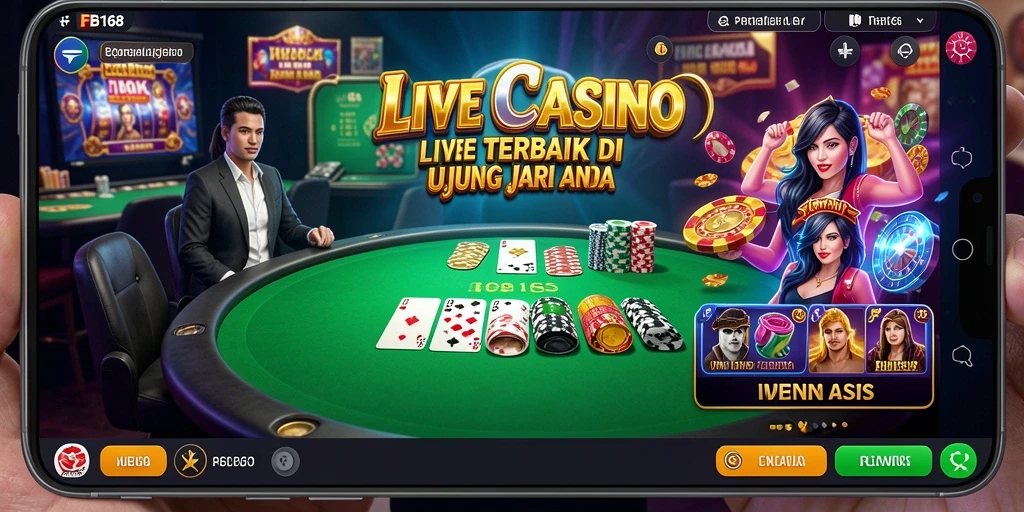 Tampilan gameplay FB168 dengan dealer langsung dan suasana kasino yang menakjubkan.