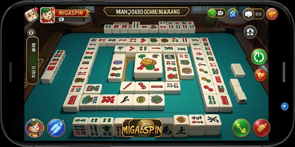 Tampilan gameplay seru di MIGASPIN dengan ubin Mahjong yang berwarna-warni.